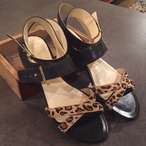 Nine West leopard/black leather ankle wrap sandals